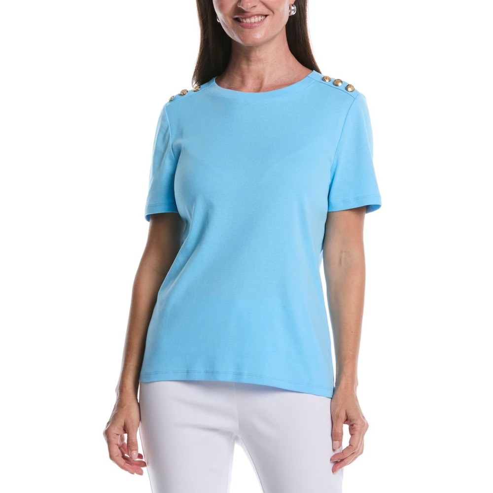 Rafaella Womens Crewneck T-Shirt XXL Blue Gold Shoulder Button Cotton Top NEW